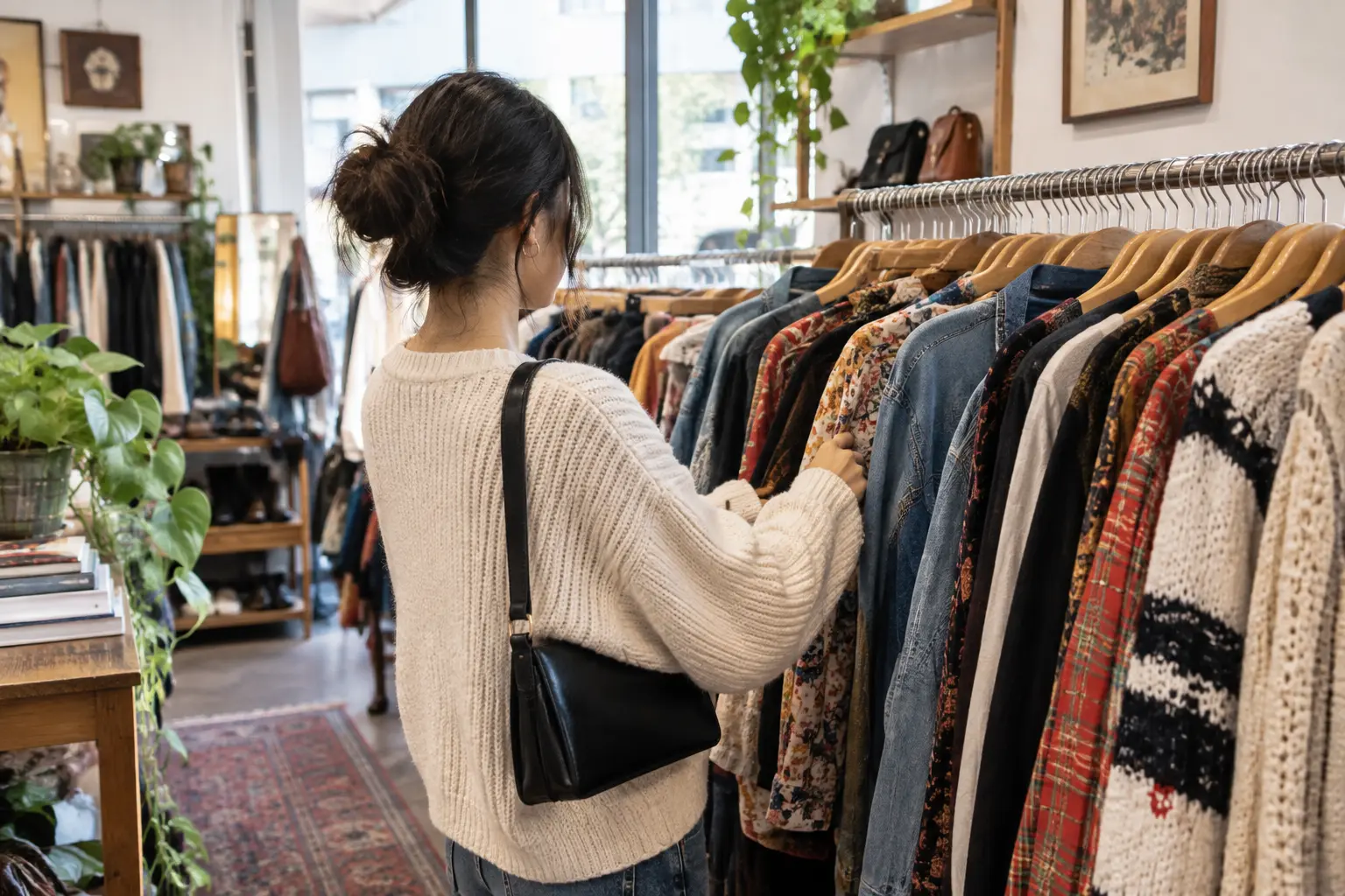 Woman browsing a rack of vintage and secondhand clothing in a bright thrift store.